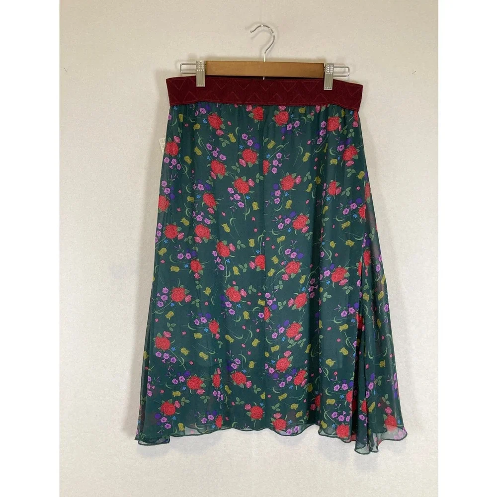 Cottagecore LuLaRoe Women Medium‎ Green Floral Rose Chiffon Lined Midi Skirt